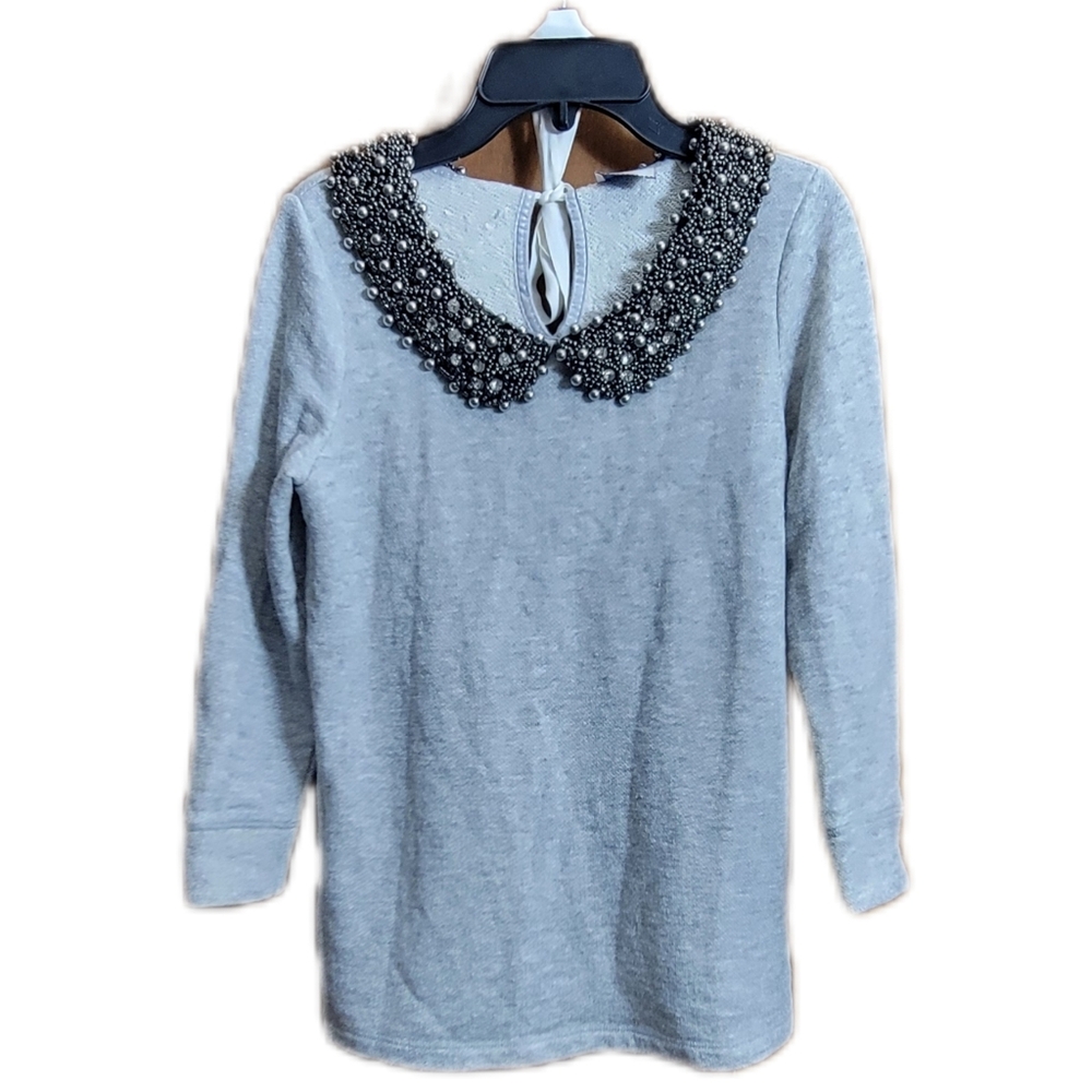 ANTHROPOLOGIE womens beaded rhinestone mock collar sweater Grey XS extra small